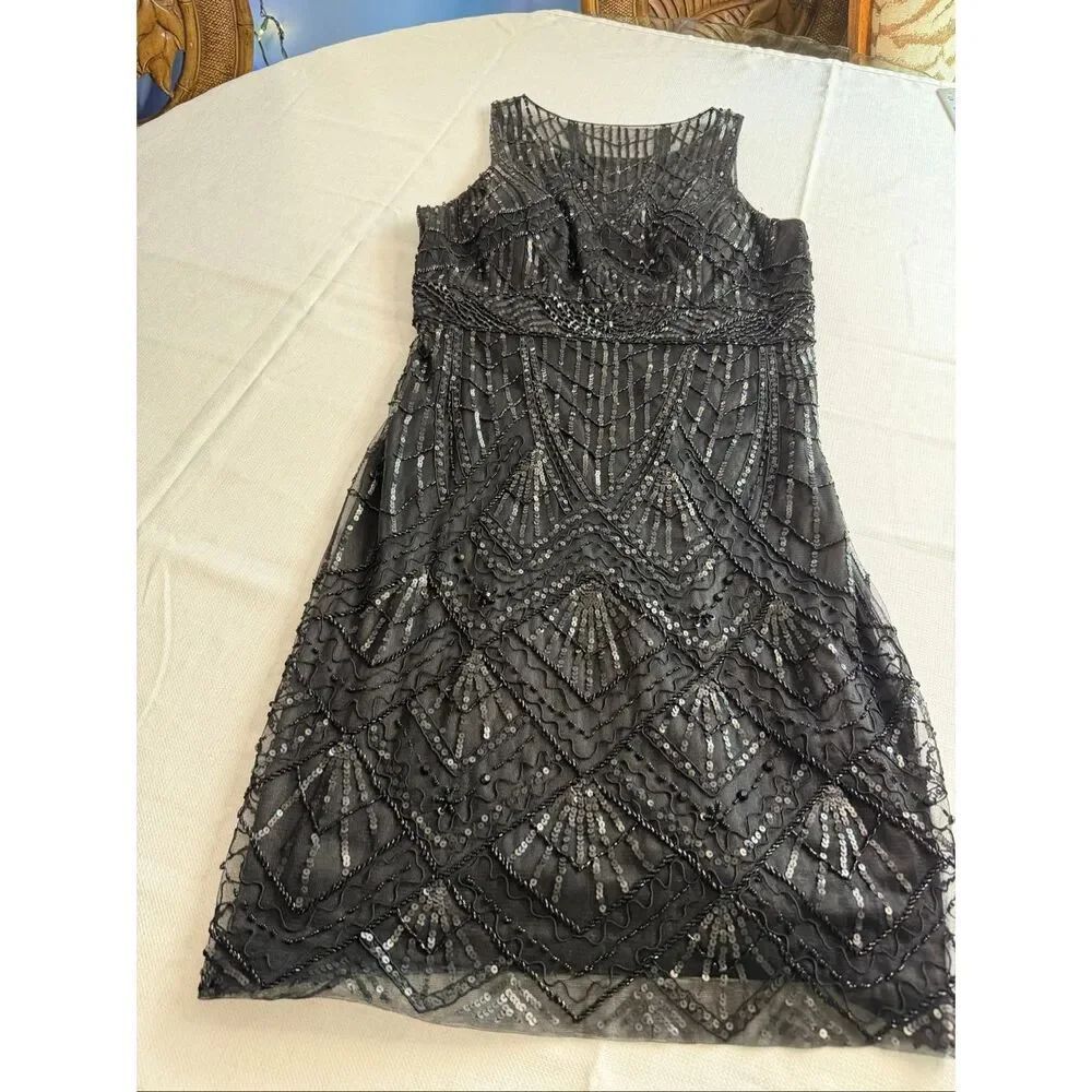 SUE WONG 1920's Sequin ILLUSION Cocktail Dress GATSBY Black Size 14